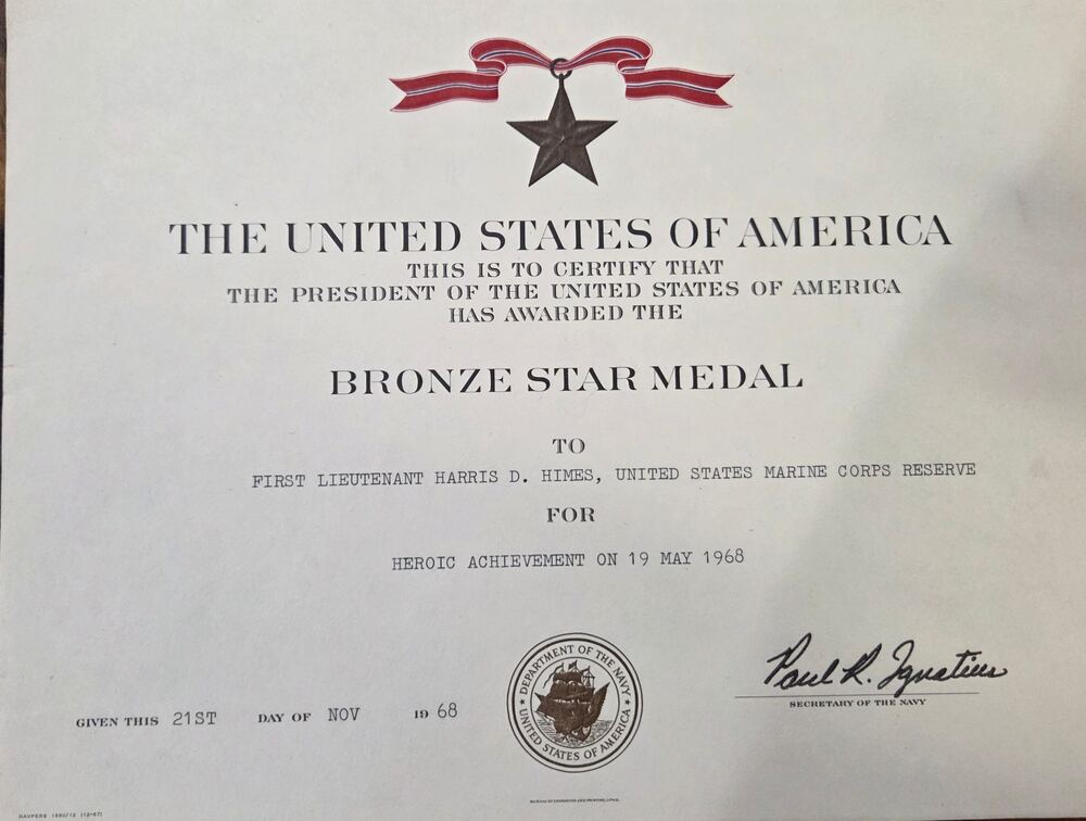 Bronze Star Medal certificate awarded to First Lieutenant Harris D. Himes, United States Marine Corps Reserve, for heroic achievement on 19 May 1968, given 21 November 1968