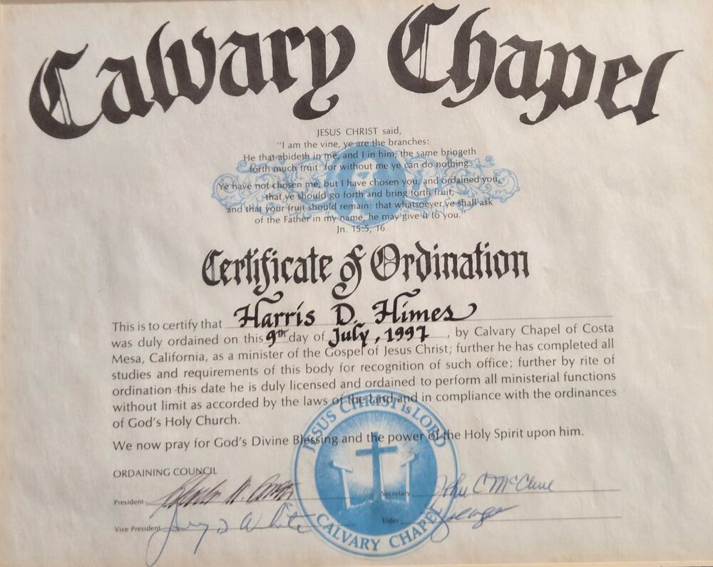 Calvary Chapel Certificate of Ordination for Harris D. Himes, dated 9 July 1997