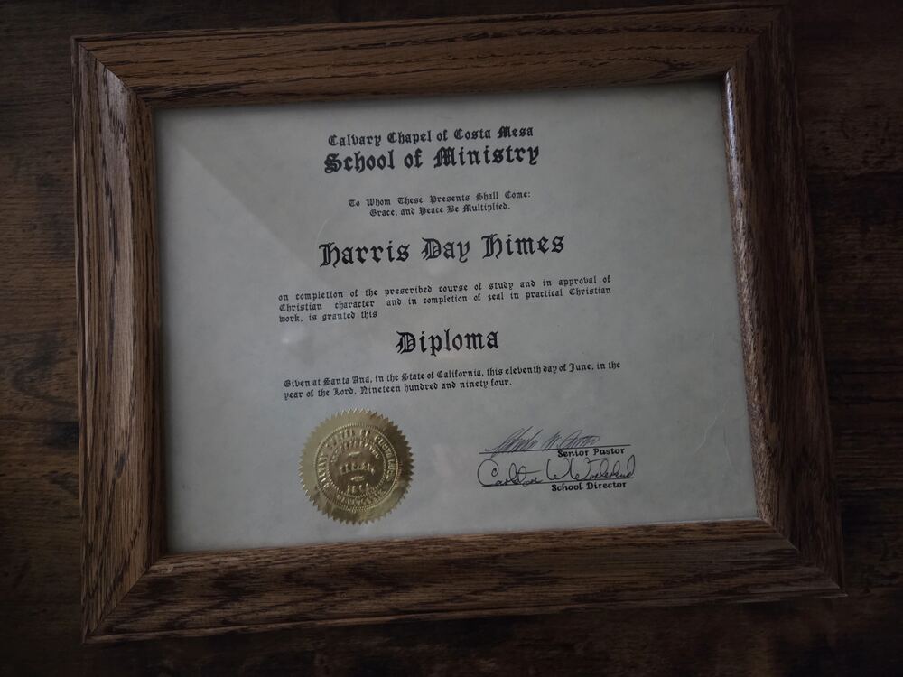 Framed diploma of the Calvary Chapel of Costa Mesa School of Ministry granted to Harris Day Himes, June 1994